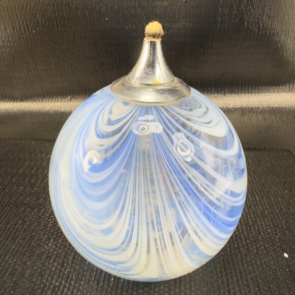 Vintage Pulled Feather Art Glass Oil Lamp Container Orb Blue White Dot Container - Picture 10 of 11